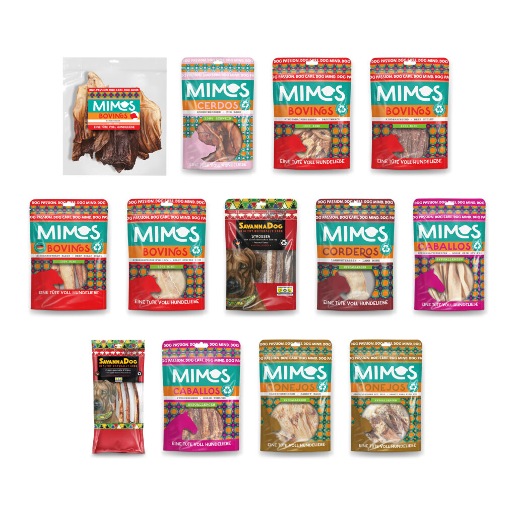 13 packs of dog snacks on a white background.